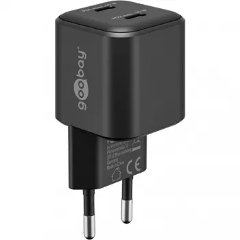Caricabatterie da parete GOOBAY 75333 — caricabatterie universale AC-USB-C per interni, 2x USB-C, 35 W, nero