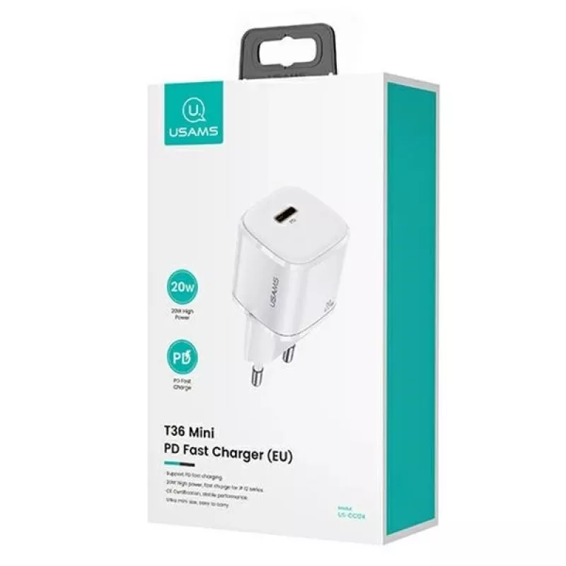 Caricabatterie da parete USAMS T36 Mini USB-C, 20 W, PD 3.0, con cavo USB-C a Lightning 1 m