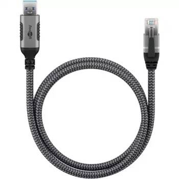 Cavo Ethernet USB-A 3.2 Gen1 connettore maschio > connettore maschio RJ-45, adattatore LAN nero/argento, 1,5 metri, guaina in tessuto intrecciato