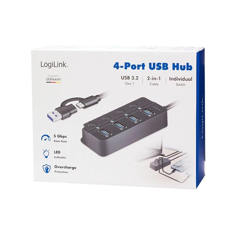 Hub USB 3.2 Gen1, 4x USB-A interruttore on/off