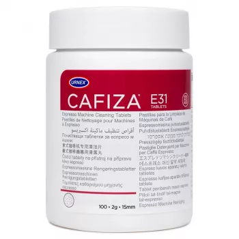 Pastiglia detergente URNEX Cafiza E31 per macchine da caffè, dispenser a tubo, 100 pastiglie, bianca