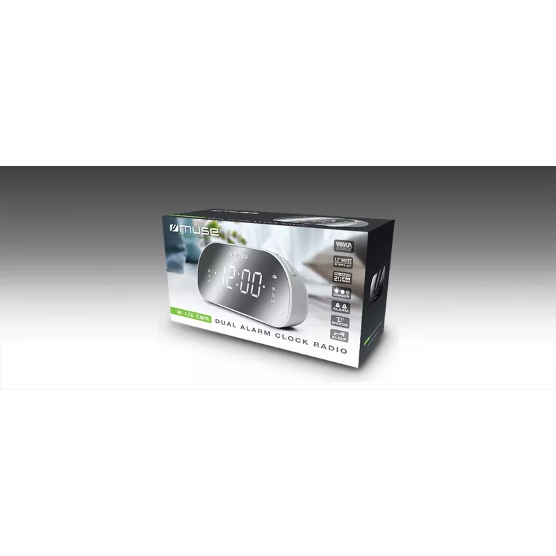 Radiosveglia Muse M-170CMR — radiosveglia digitale, display LED da 1,2 pollici, FM, AC 230V, backup AAA, specchio/bianco