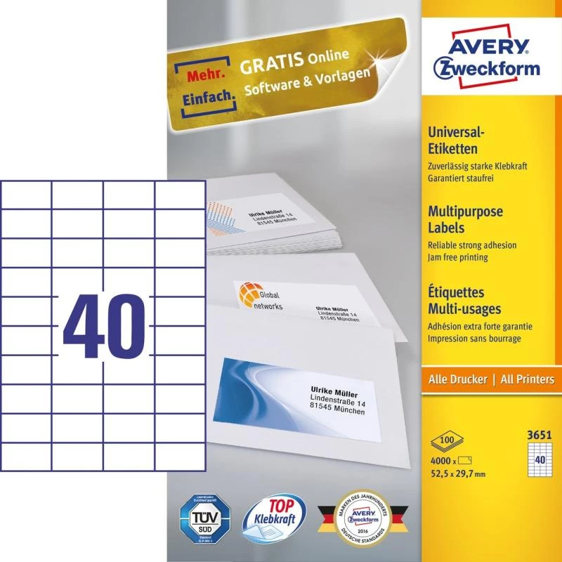 Avery Zweckform 3651 etichette universali 52,5 x 29,7 mm 100 fogli bianco