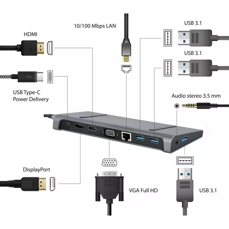 Dock per laptop Gembird A-CM-COMBO9-02 USB 3.2 Gen 1 Type-C, HDMI, VGA, 3×USB-A, Gigabit Ethernet, 87W PD, grigio