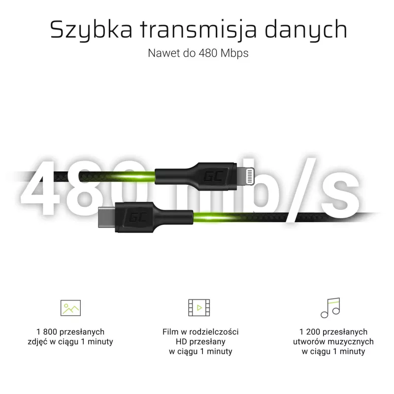 Green Cell PowerStream KABGC07 cavo da USB-C a Lightning, 1 m, PD, Apple MFi, nero