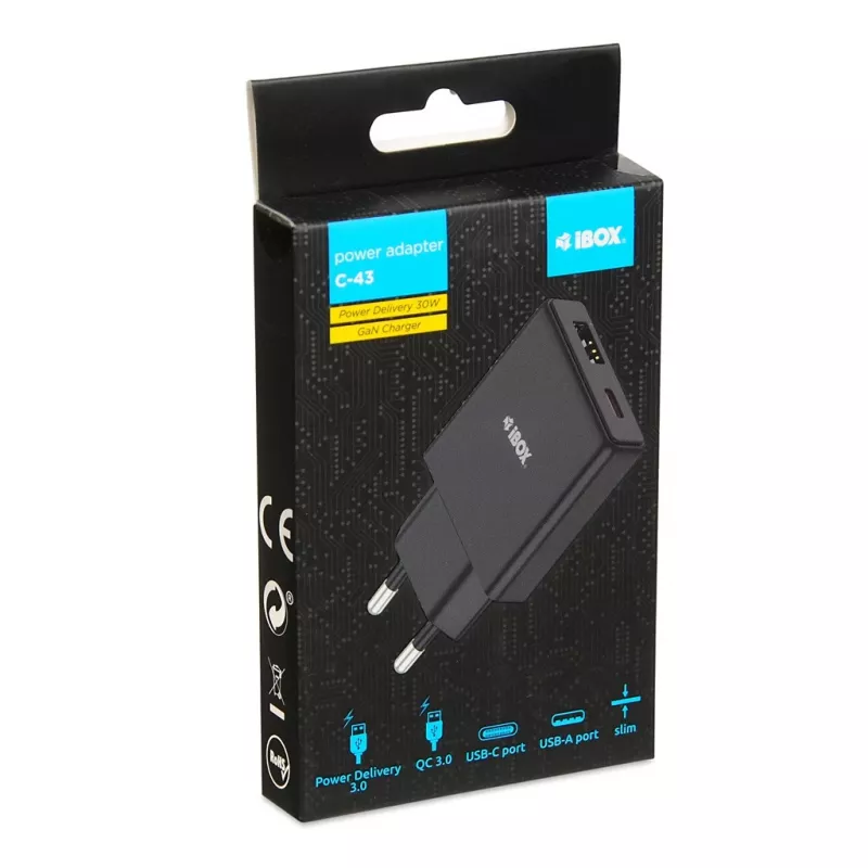 iBOX C-43 Slim GaN PD30W caricatore da parete, nero