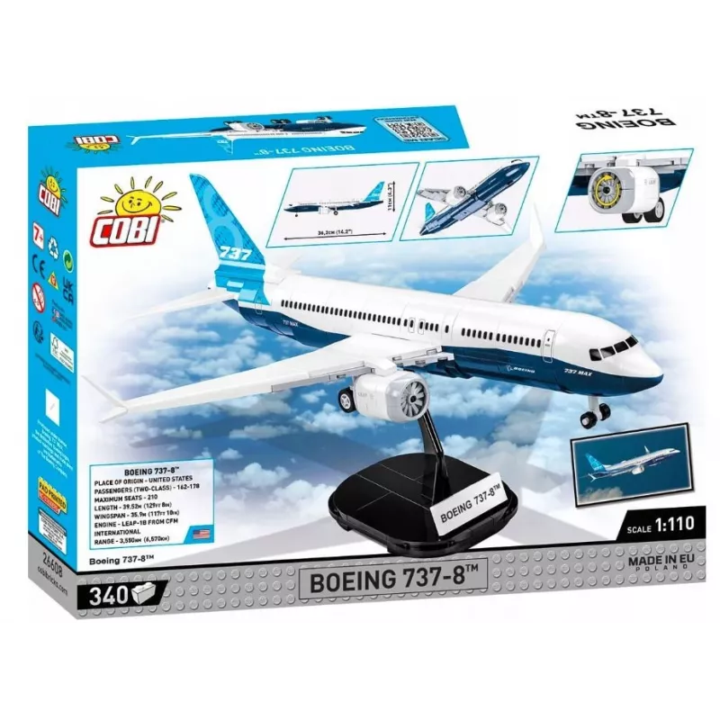 Set di costruzione Cobi Boeing 737-8 — 340 pezzi, età consigliata 7+, blu e bianco