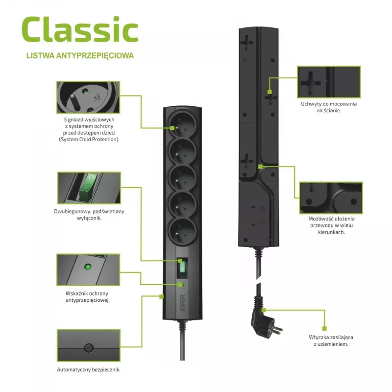 EVER CLASSIC T/LZ09-CLA015/0000 multipresa con protezione da sovratensioni, 5 prese tipo E, 250 V, cavo da 1,5 m, con interruttore, protezione per bambini, nera