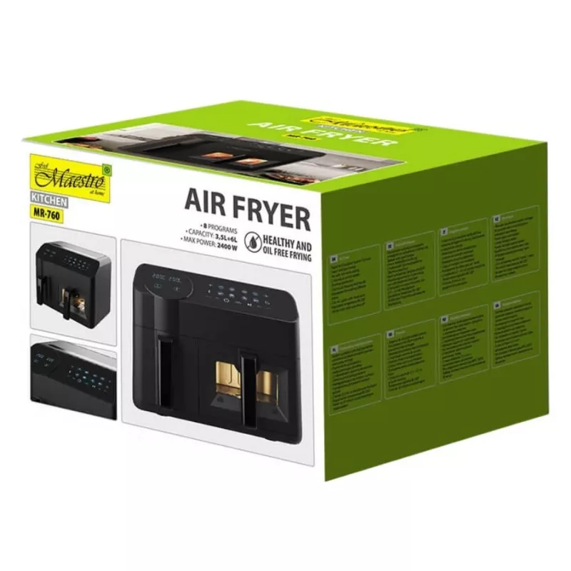 Friggitrice ad aria elettrica Maestro MR-760 – apparecchio da tavolo a doppia struttura, 3,5 L + 6 L, comando touch, 2000–2400 W, nero