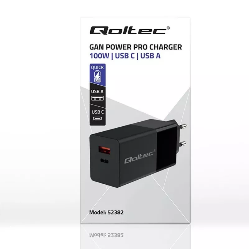 Qoltec 52382 GaN POWER PRO caricabatterie | 1xUSB Type C | 1xUSB A | 100W | 5-20V | 1.5-5A | PD | nero
