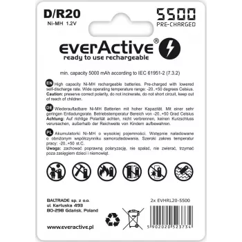 Batteria ricaricabile everActive EVHRL20-5500 D NiMH 1,2 V 5500 mAh, confezione da 2