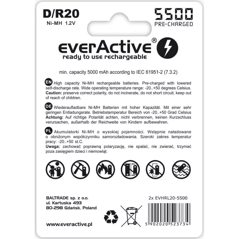 Batteria ricaricabile everActive EVHRL20-5500 D NiMH 1,2 V 5500 mAh, confezione da 2