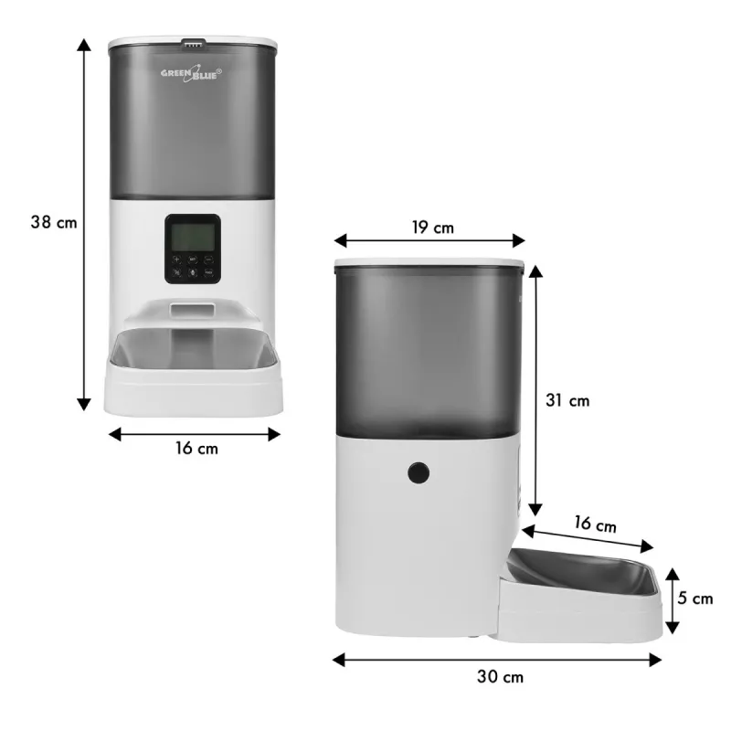 GreenBlue GB393 distributore automatico di cibo per animali, 6 L, USB 5V/1A, bianco