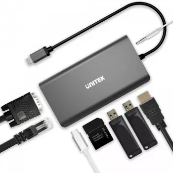 UNITEK uHUB O8+ hub USB 3.2 Gen 1 Type-C con filo, grigio, 100W Power Delivery