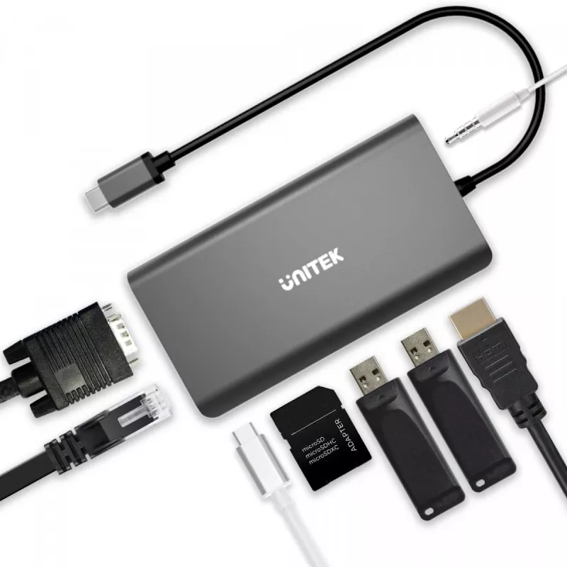 UNITEK uHUB O8+ hub USB 3.2 Gen 1 Type-C con filo, grigio, 100W Power Delivery