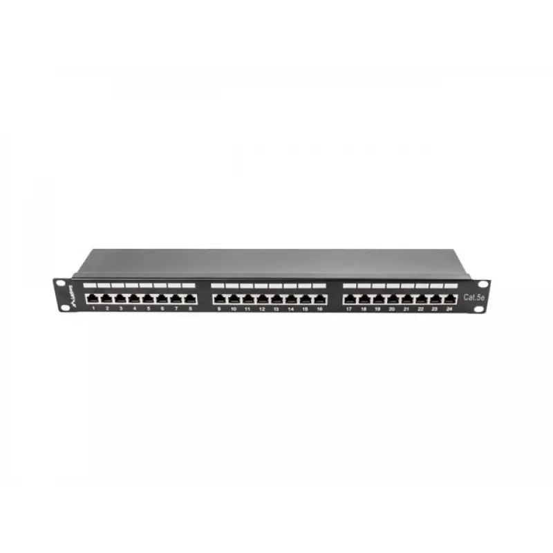 Patch panel 1U LANBERG PPS5-1024-B — 24 porte RJ-45 Cat5, metallo, nero, montaggio su rack