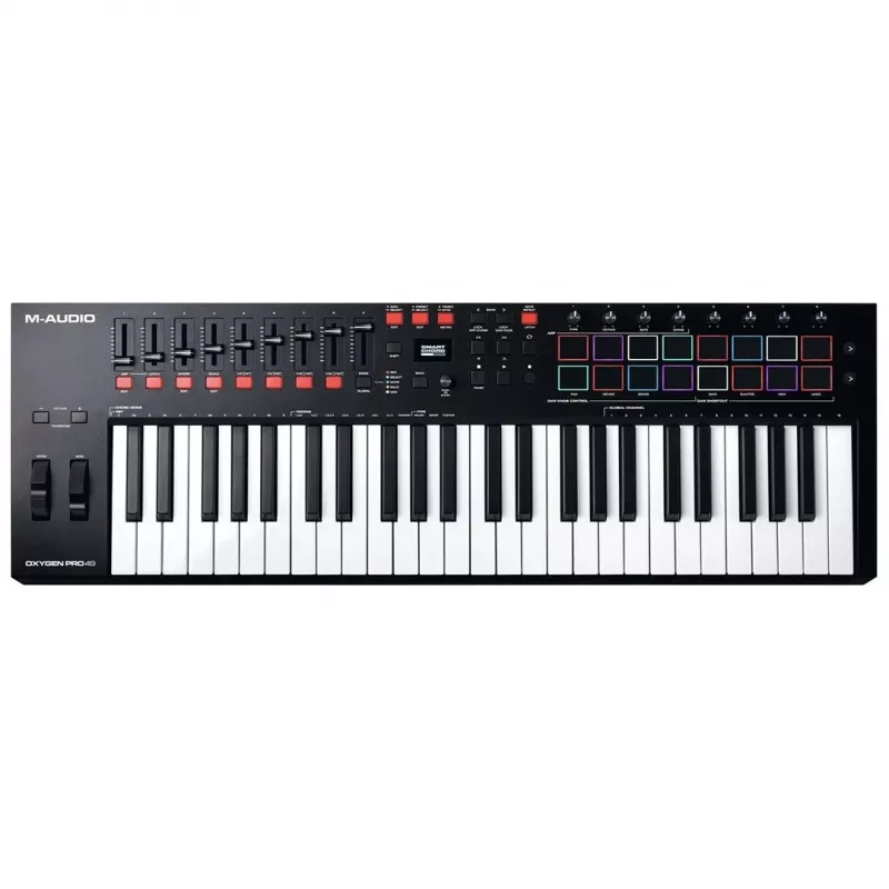 Controller tastiera MIDI M-Audio Oxygen Pro 49 — 49 tasti, 16 pad, 9 fader, display OLED, USB, MIDI-Out