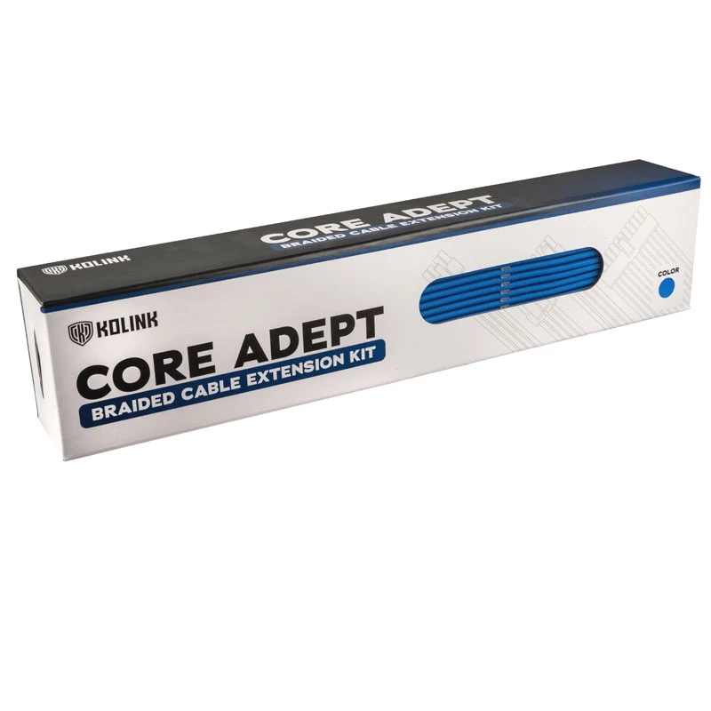 Kit prolunga cavi intrecciati Kolink Core Adept — 20+4 pin, 8 pin, 4+4 pin, 3×6+2 pin, blu, guaina in PET