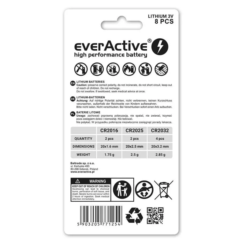 Set da 8 batterie al litio everActive 4 x CR2032, 2 x CR2025, 2 x CR2016