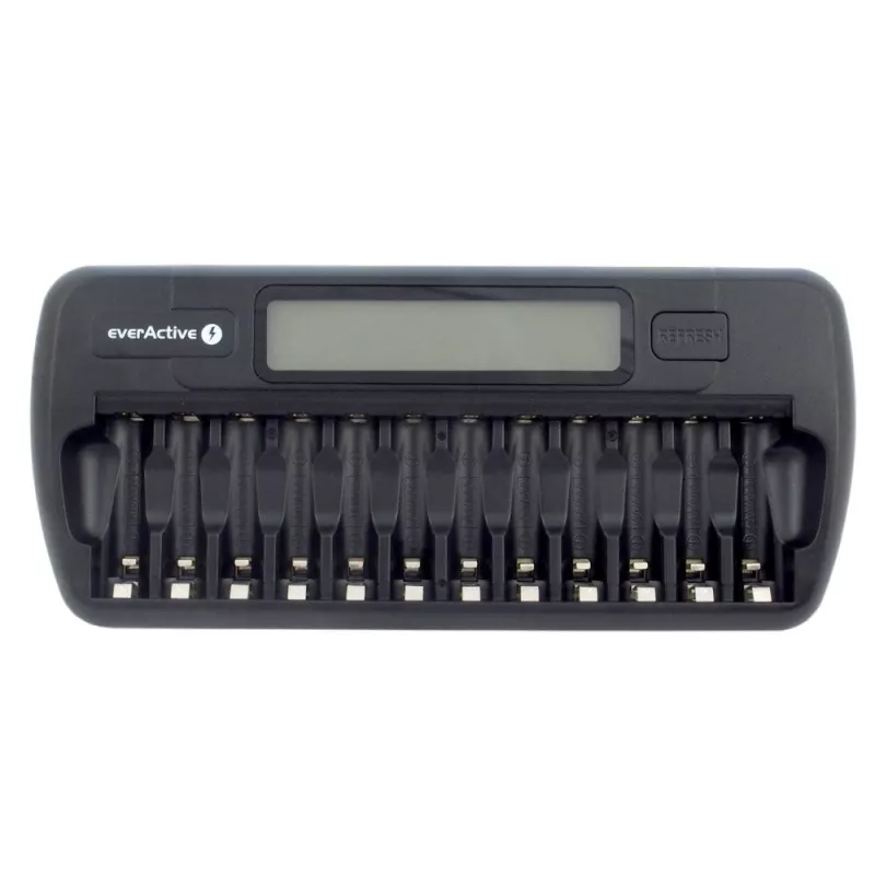 Caricabatterie everActive NC-1200 – caricabatterie universale a 12 vani per AA/AAA, ingresso 12 V, nero