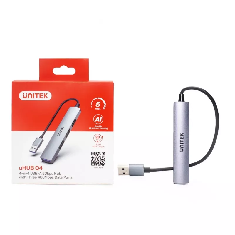 Unitek H1208A hub USB-A, 4 porte (1x USB-A 5 Gbps, 3x USB-A 2.0), alluminio, argento