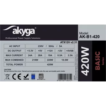 Akyga Basic AK-B1-420 alimentatore ATX 420 W, ventola 120 mm, PFC passivo, grigio