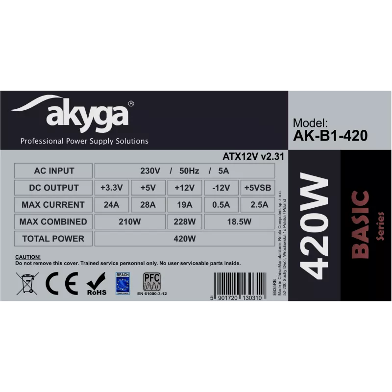 Akyga Basic AK-B1-420 alimentatore ATX 420 W, ventola 120 mm, PFC passivo, grigio