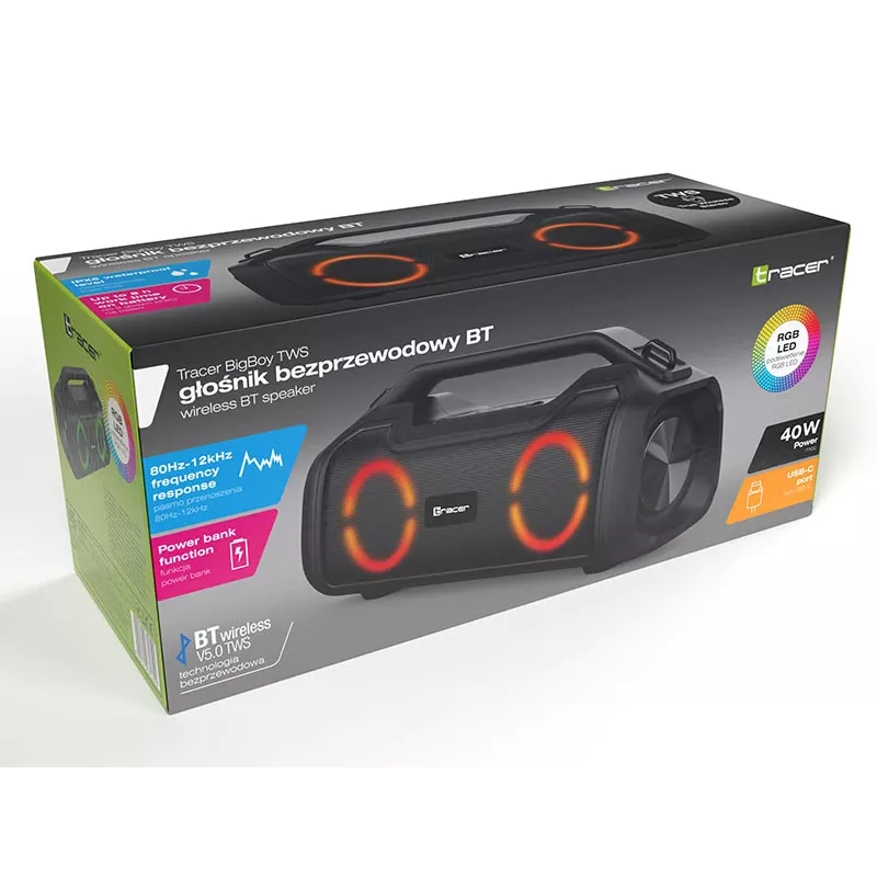 Altoparlante stereo portatile TRACER BigBoy TWS Bluetooth 40 W RMS, Bluetooth 5.3, batteria 12 h, nero