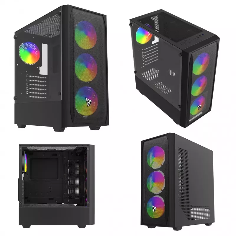 Case PC SAVIO Noctis Flow RGB — Cube, ATX/Mini-ITX, 3x ventole frontali da 120 mm, pannello laterale in vetro temperato, GPU max 35 cm