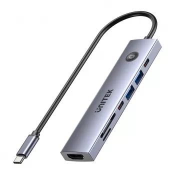 Hub USB-C Unitek H1124AGY01 con 100W PD, HDMI 2.0, 2x USB‑A, 2x USB‑C, lettore schede SD/microSD — alluminio