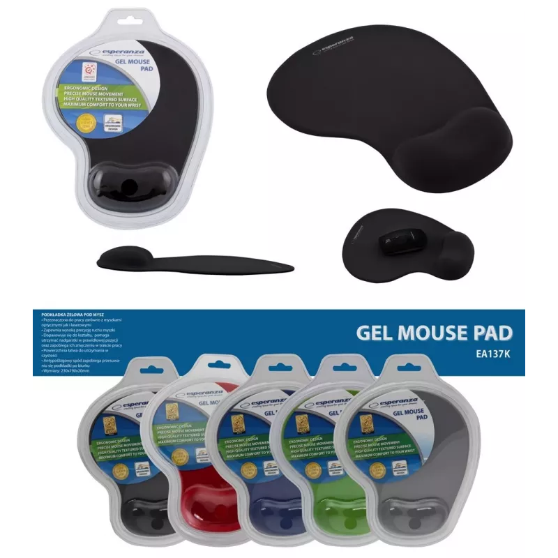 Tappetino mouse ESPERANZA EA137K, nero, con poggiapolsi in gel, base antiscivolo, utilizzo universale