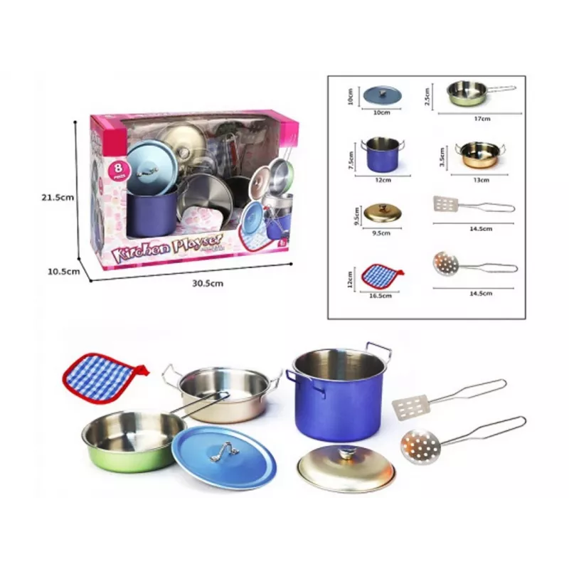 Set cucina in metallo 8 pezzi di Madej — pentole e utensili giocattolo in metallo, accessori per cucine giocattolo
