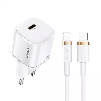 Caricabatterie da parete USAMS T36 Mini USB-C, 20 W, PD 3.0, con cavo USB-C a Lightning 1 m