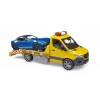 Bruder MB Sprinter trasportatore di auto con modulo luci e suoni, arancione/blu, roadster incluso