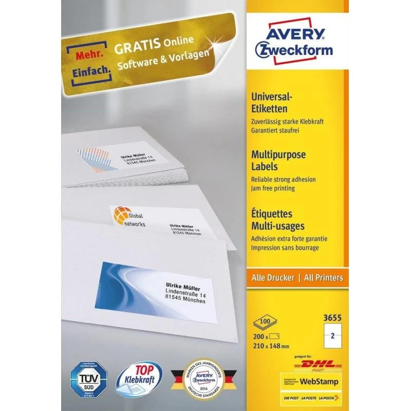 Avery 3655 etichette adesive rettangolari permanente bianco 200 pezzi