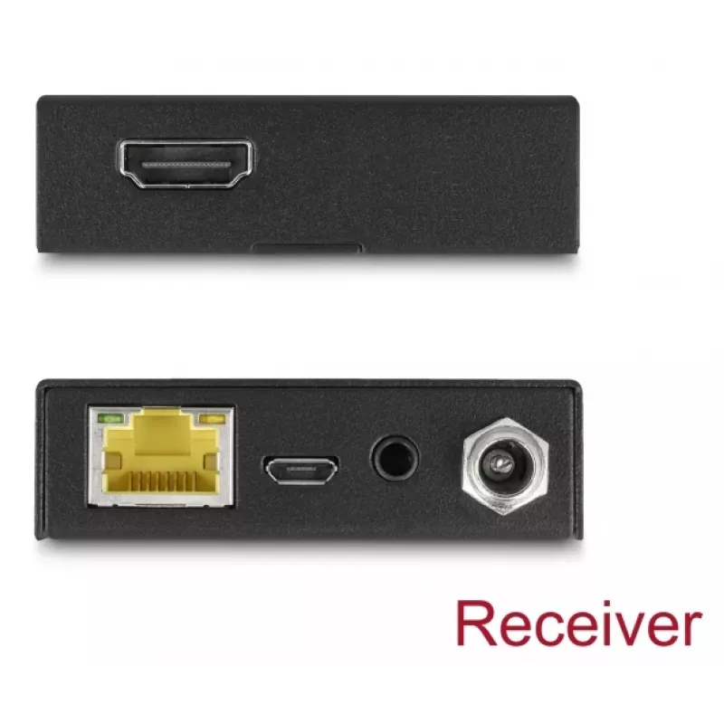 Set trasmettitore e ricevitore AV DELOCK 65955 — extender HDMI Cat6/Cat6a, fino a 3840×2160, con filo, alimentazione Micro-USB-B