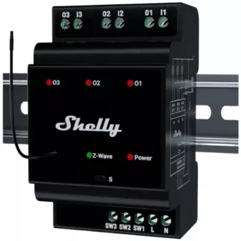 Relè intelligente Shelly Wave PRO 3 — nero, custodia in plastica, 110–240 V AC, 50–60 Hz, 0,3 W, 53×59×96 mm