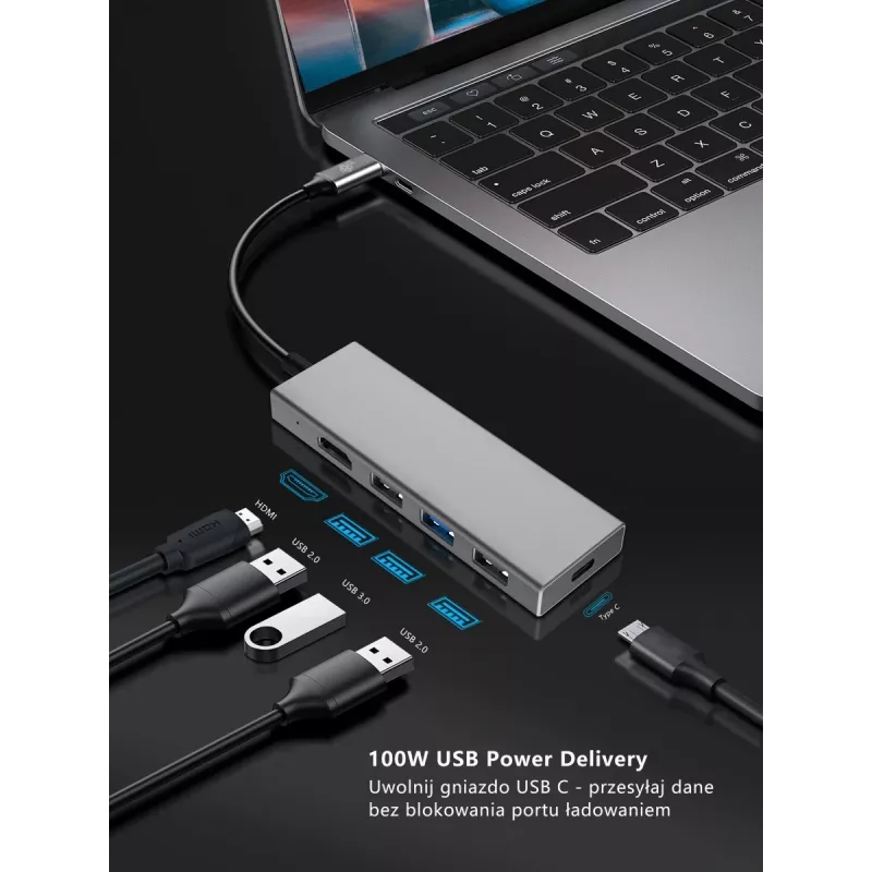 Adattatore TB USB-C 7v1 USB 3.0, 2xUSB 2.0, HDMI, PD, SD/TF