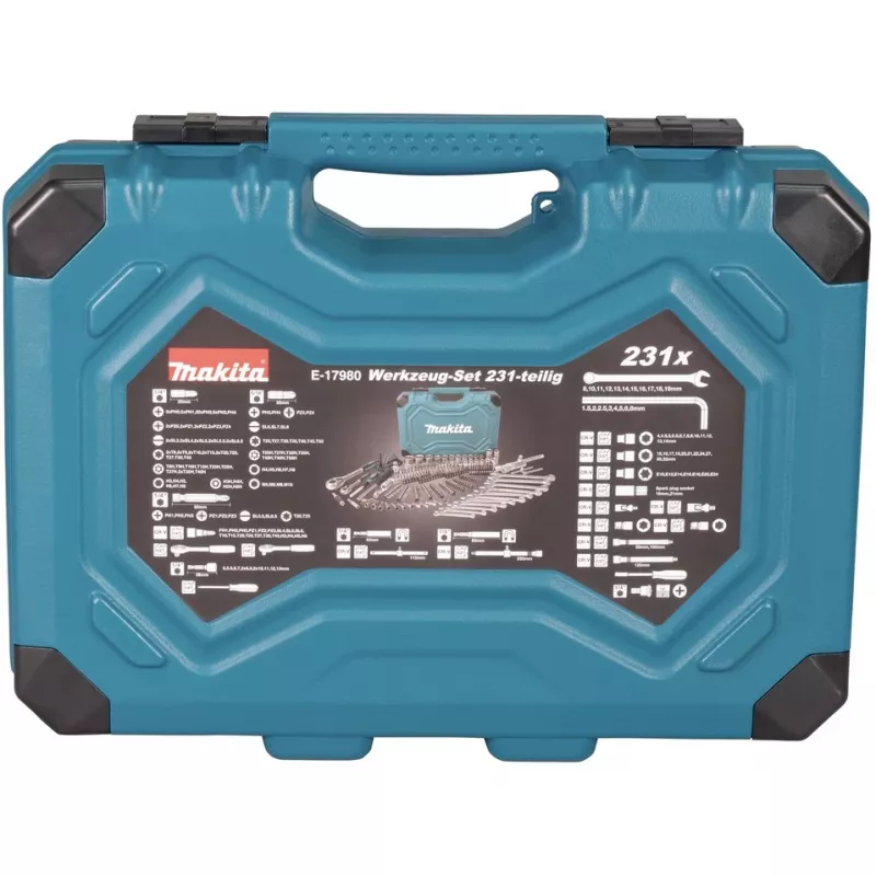 Set utensili manuali E-17980, 231 pezzi blu, con 2 cricchetti reversibili, 1/4 e 1/2, valigetta