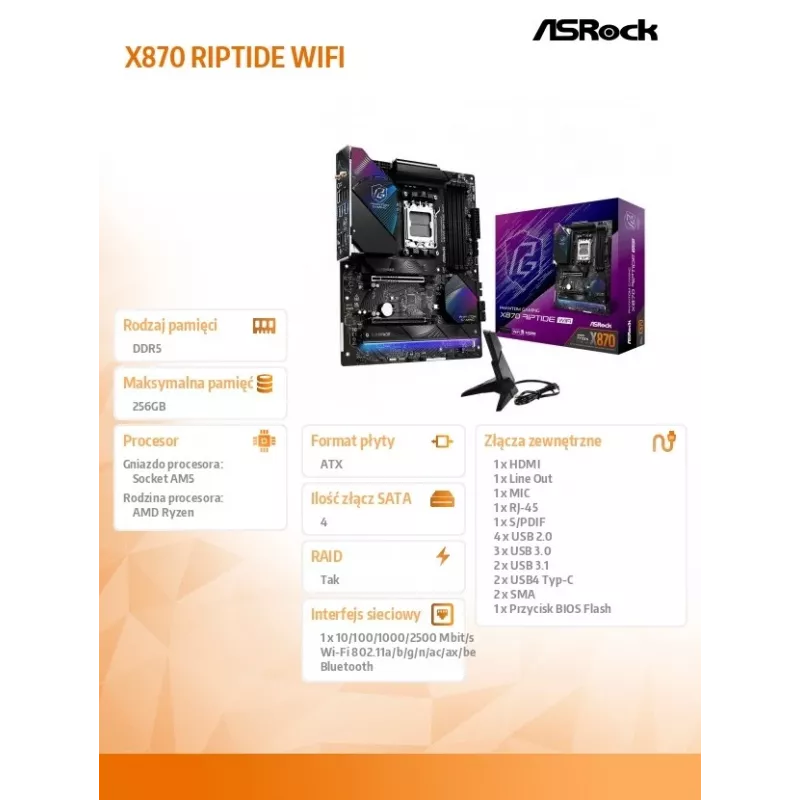 Scheda madre ASRock X870 Riptide WiFi — ATX, AMD X870, Socket AM5, DDR5, 4 DIMM, 256 GB, Wi‑Fi 7, 2,5GbE