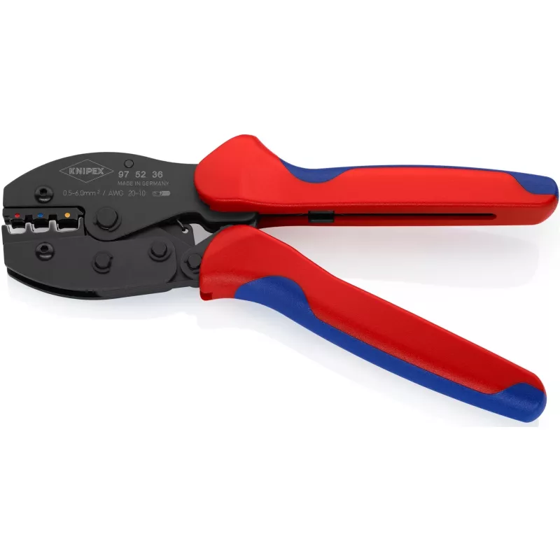 Pinza crimpatrice Knipex PreciForce modello 975236 SB — impugnature isolate in nero, blu e rosso