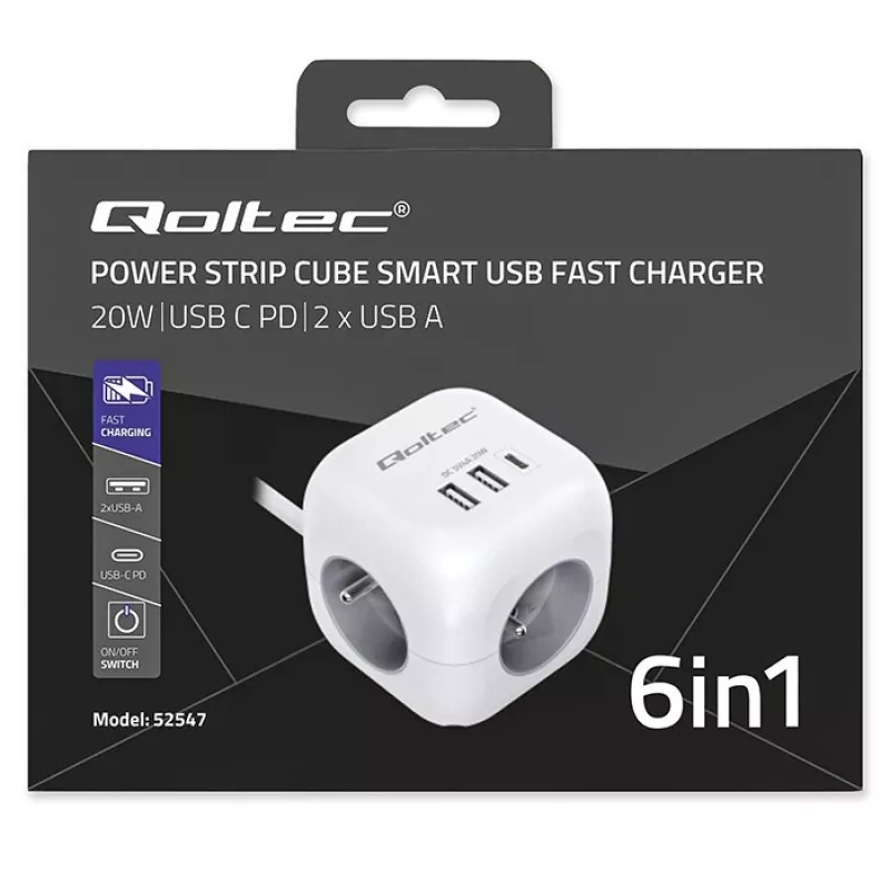Power Cube QOLTEC 52547 ciabatta 3×prese AC, 2×USB-A, 1×USB-C PD 20W