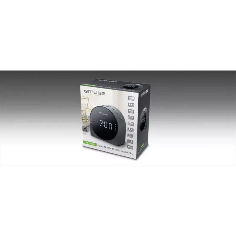 Radiosveglia Muse M-185 CR — FM/MW, display LED 0,9 pollici, AC 230V con backup batteria AAA, nero