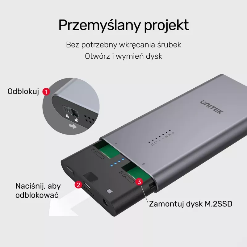 Case per SSD Unitek S1206A per 2 unità M.2 NVMe PCIe Gen3 x4, USB 3.2 Gen 2 (10 Gbit/s), alluminio, USB-C, incluso alimentatore