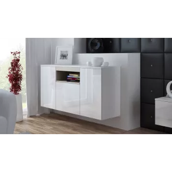 Sideboard Cama Meble VIVA 150 — bianco/bianco lucido e rovere sonoma, 3 ante, 5 ripiani, 1500×450×800 mm
