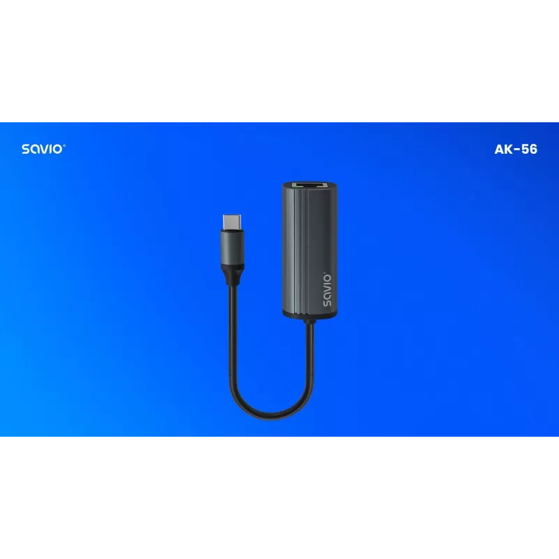 Adattatore SAVIO USB-C 3.1 Gen.1 (M) a RJ-45 Gigabit Ethernet (F), 1000 Mbps, AK-56, grigio