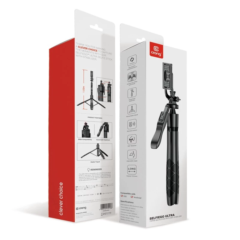 Selfie stick con treppiede Crong CRGSGU1BLK alluminio Bluetooth con gambe pieghevoli e supporto per telefono