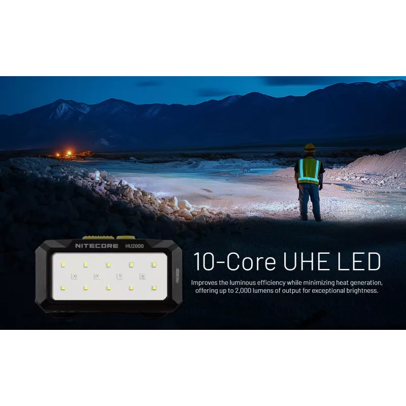 Torcia frontale Nitecore HU2000, 10 LED, batteria ricaricabile agli ioni di litio USB, alluminio+policarbonato, impermeabile IP68