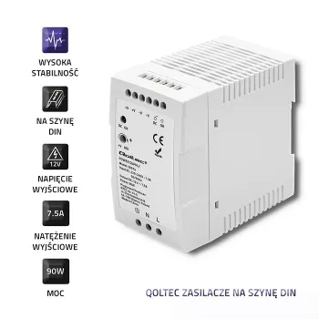 Qoltec 50914 Alimentatore per guida DIN | 90W | 12V | 7,5A | bianco | sottile