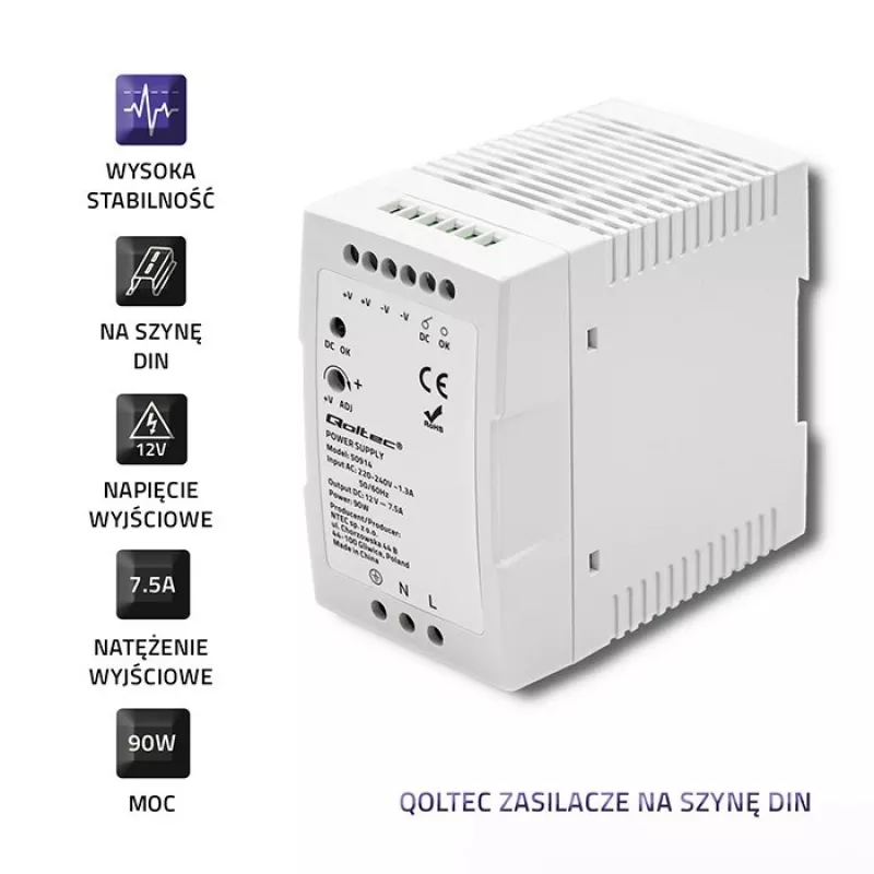 Qoltec 50914 Alimentatore per guida DIN | 90W | 12V | 7,5A | bianco | sottile